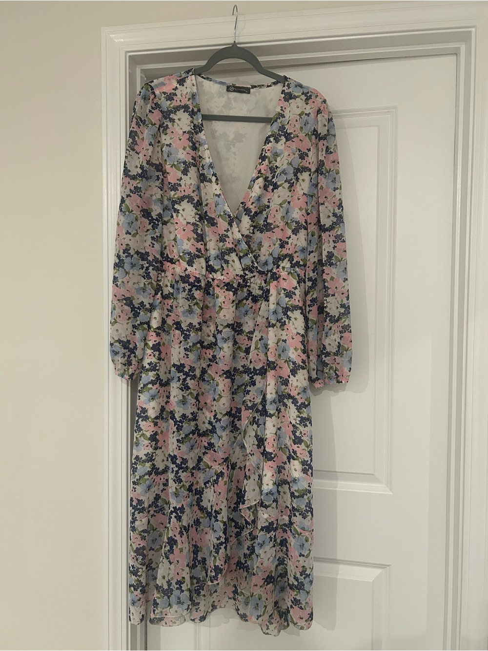 Floral Wrap Midi Dress - Pastel Pink & Blue